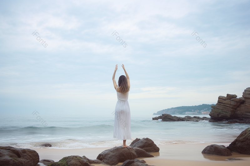 夏季长发少女在唯美海滩的背影图,高清,摄影图,摄影图片,图片大全,摄影图免费下载